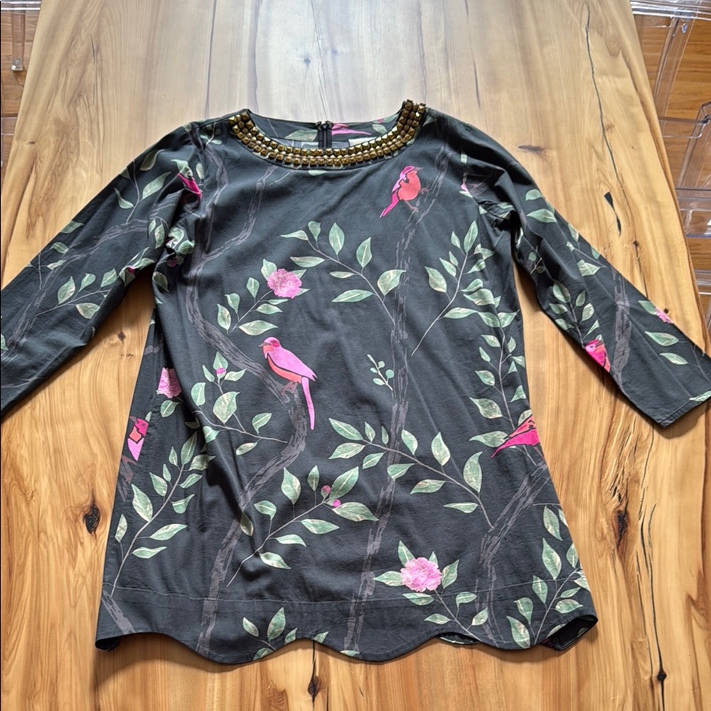 Embellished Black Midi Dress with Pink Bird Print